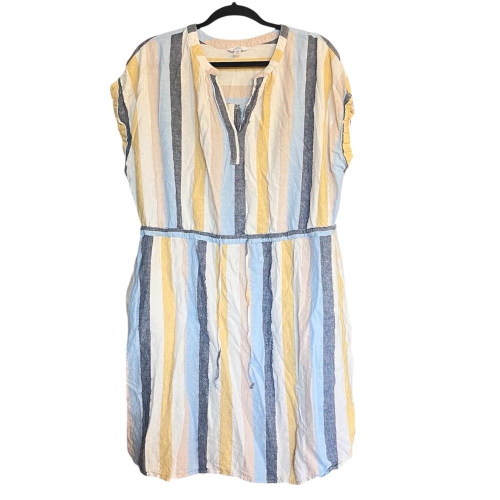 Time & Tru Dress Linen Blend Striped Elastic Drawstring Pockets Boho sz …